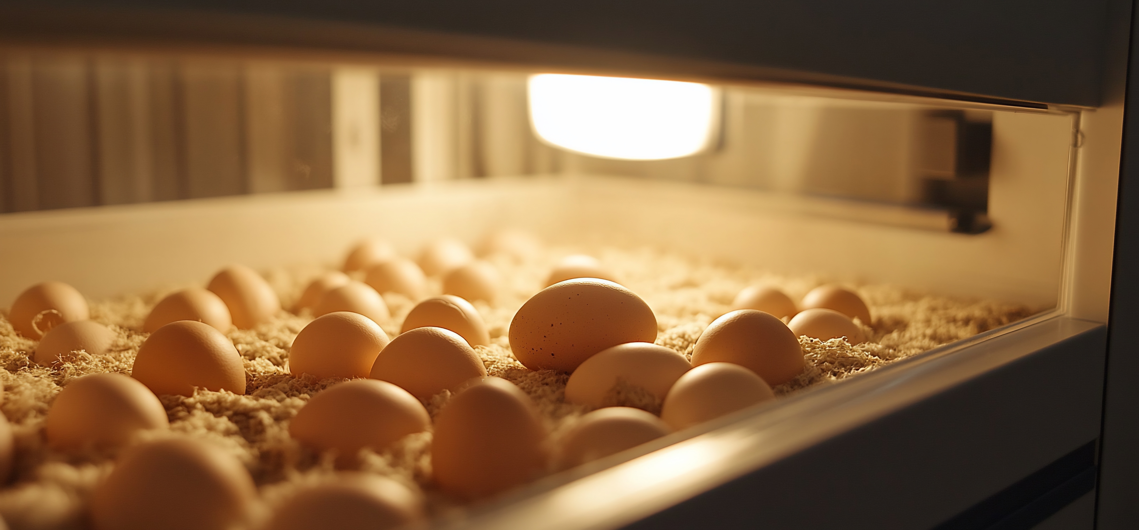 Ovos em chocadeira com aquecimento, ilustrando condições de incubação.