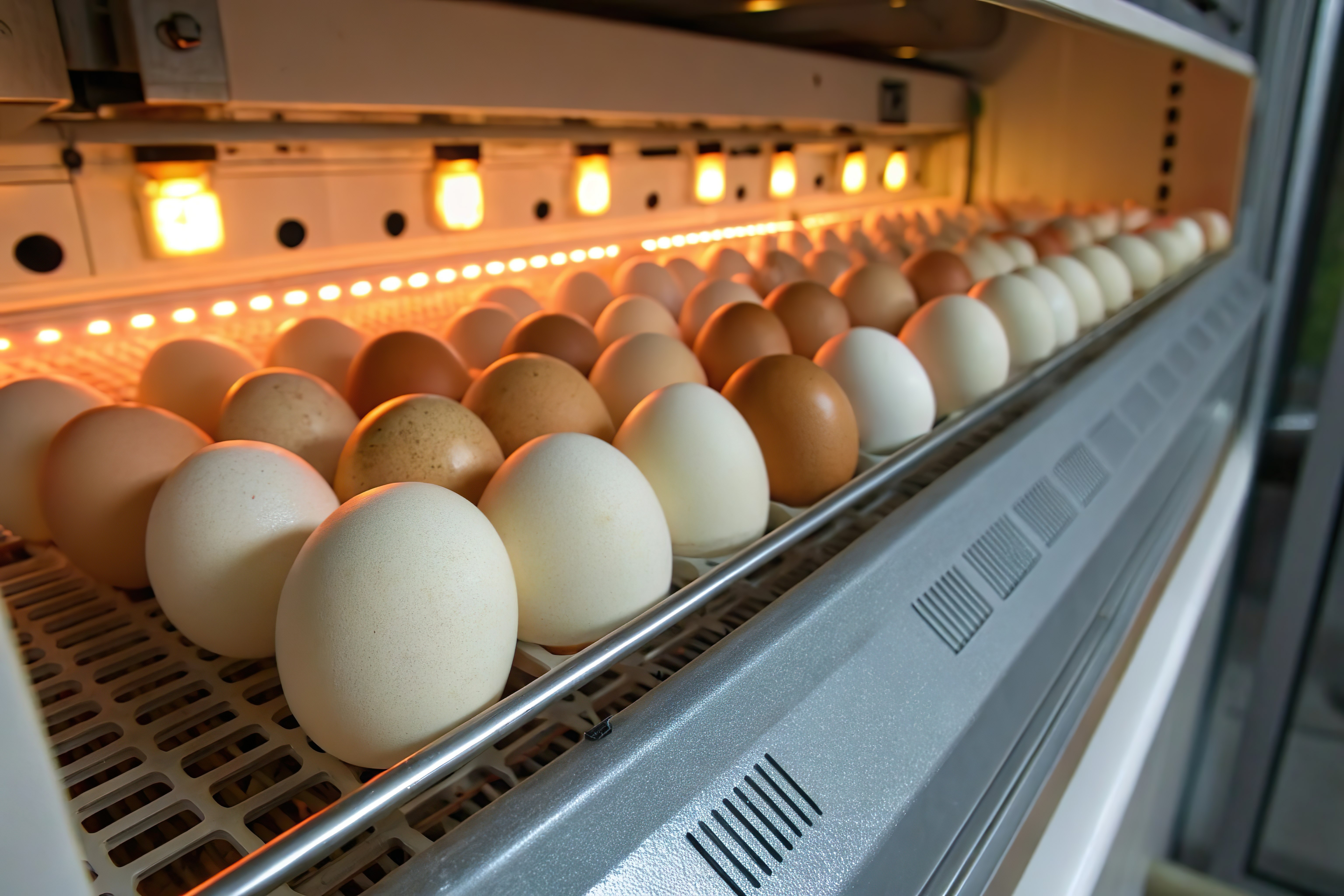 Ovos em processo de incubação dentro de uma chocadeira com iluminação interna.