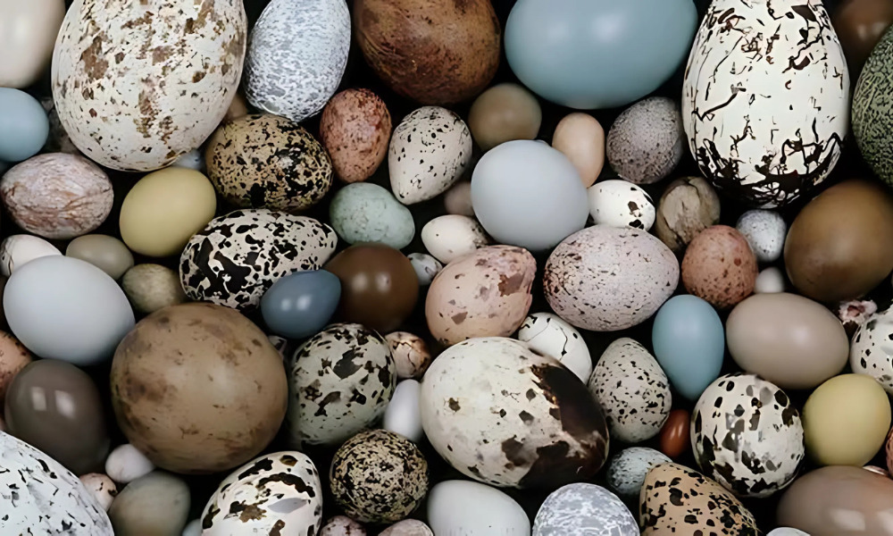 Vários ovos de aves de diferentes espécies e tamanhos, com cores e pintas variadas, ilustrando incubação mista